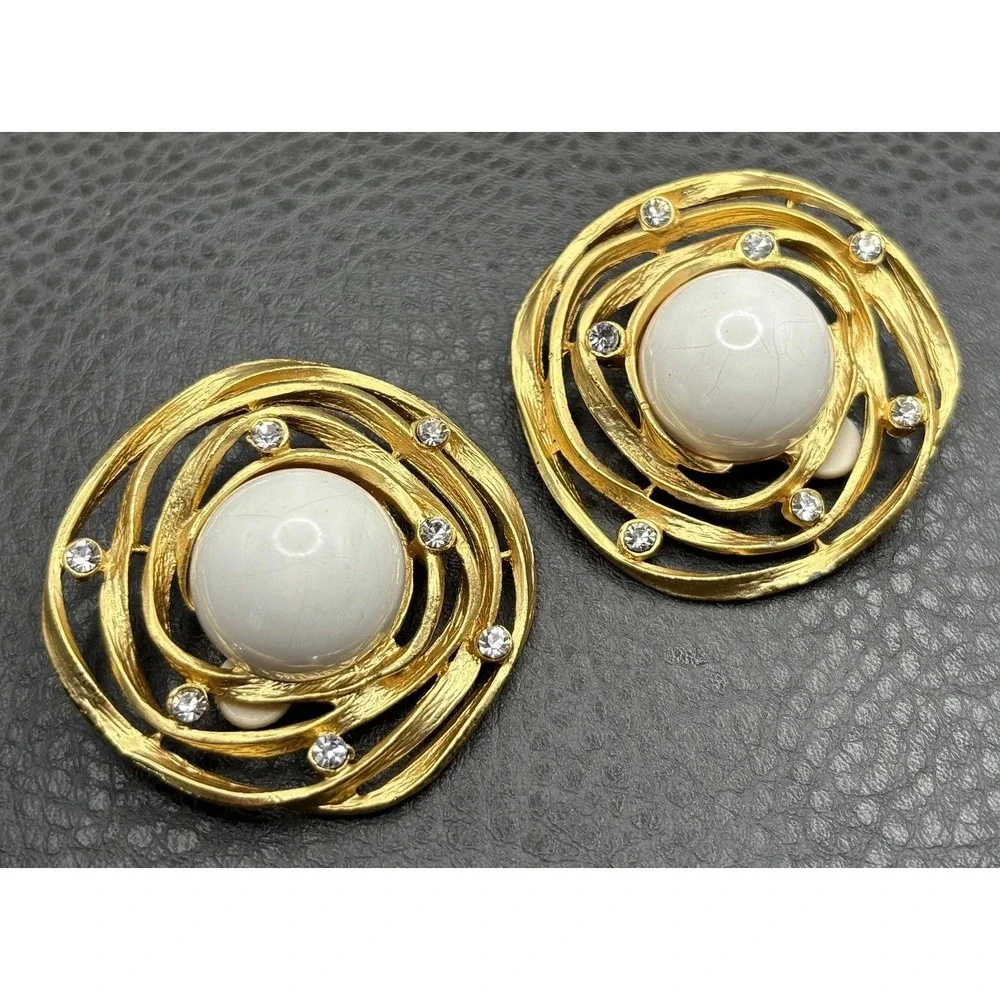 HUGE 80s Rhinestone Abstract Modernist Runway Chunky Statement Clip On Earrings